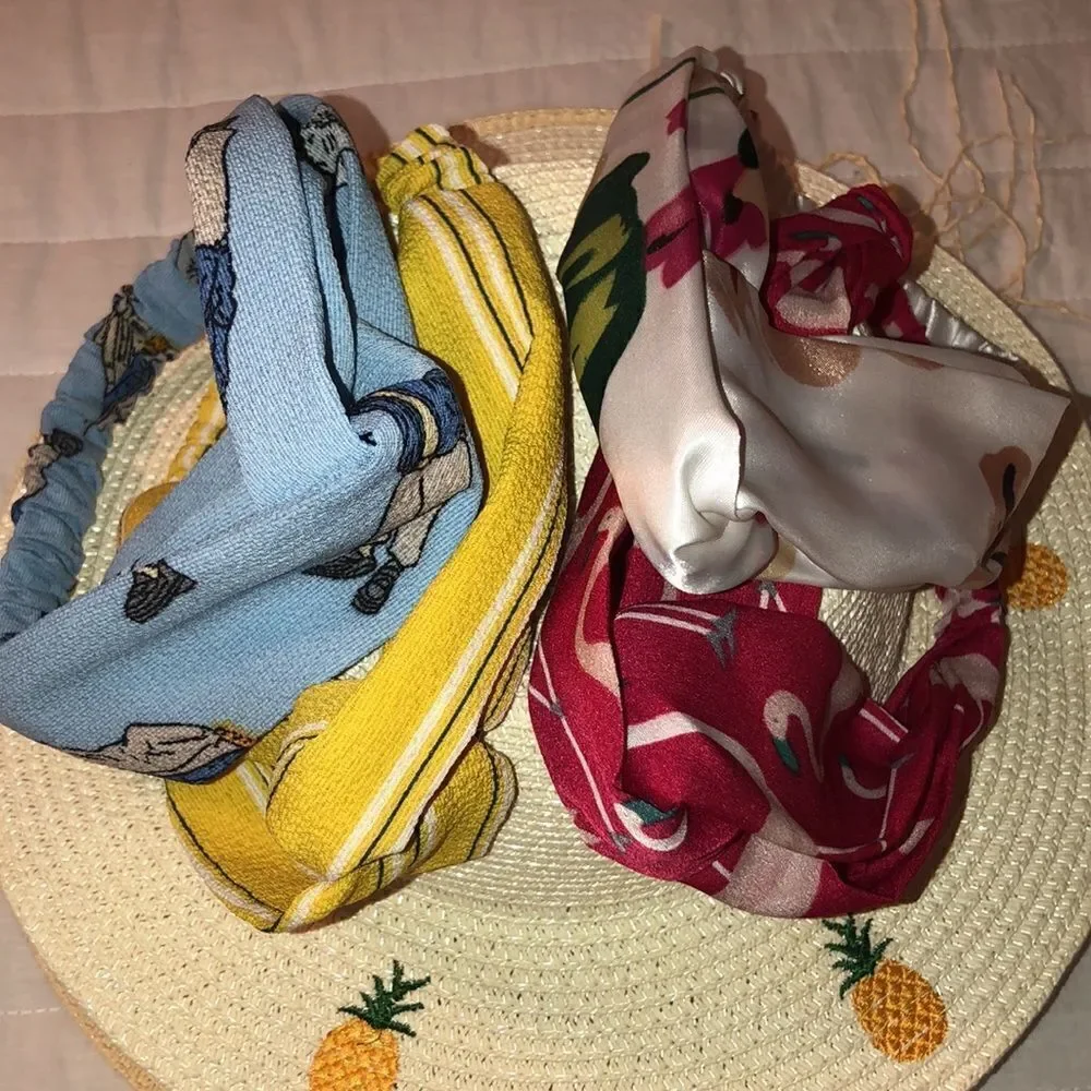Boho Twisted Front Elastic Back Headbands set of 4 Blue Yellow White Fuchsia